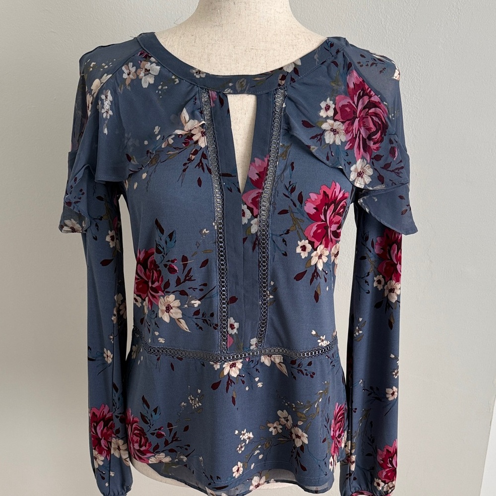 White House Black Market Floral Blouse - Blue and Pink